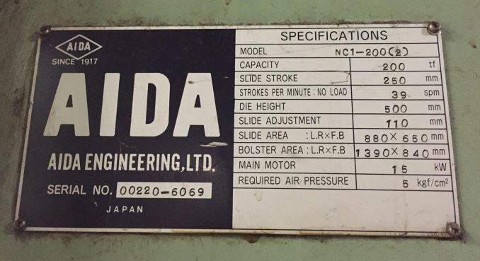 220 Ton Capacity Aida Single-Point Gap Press