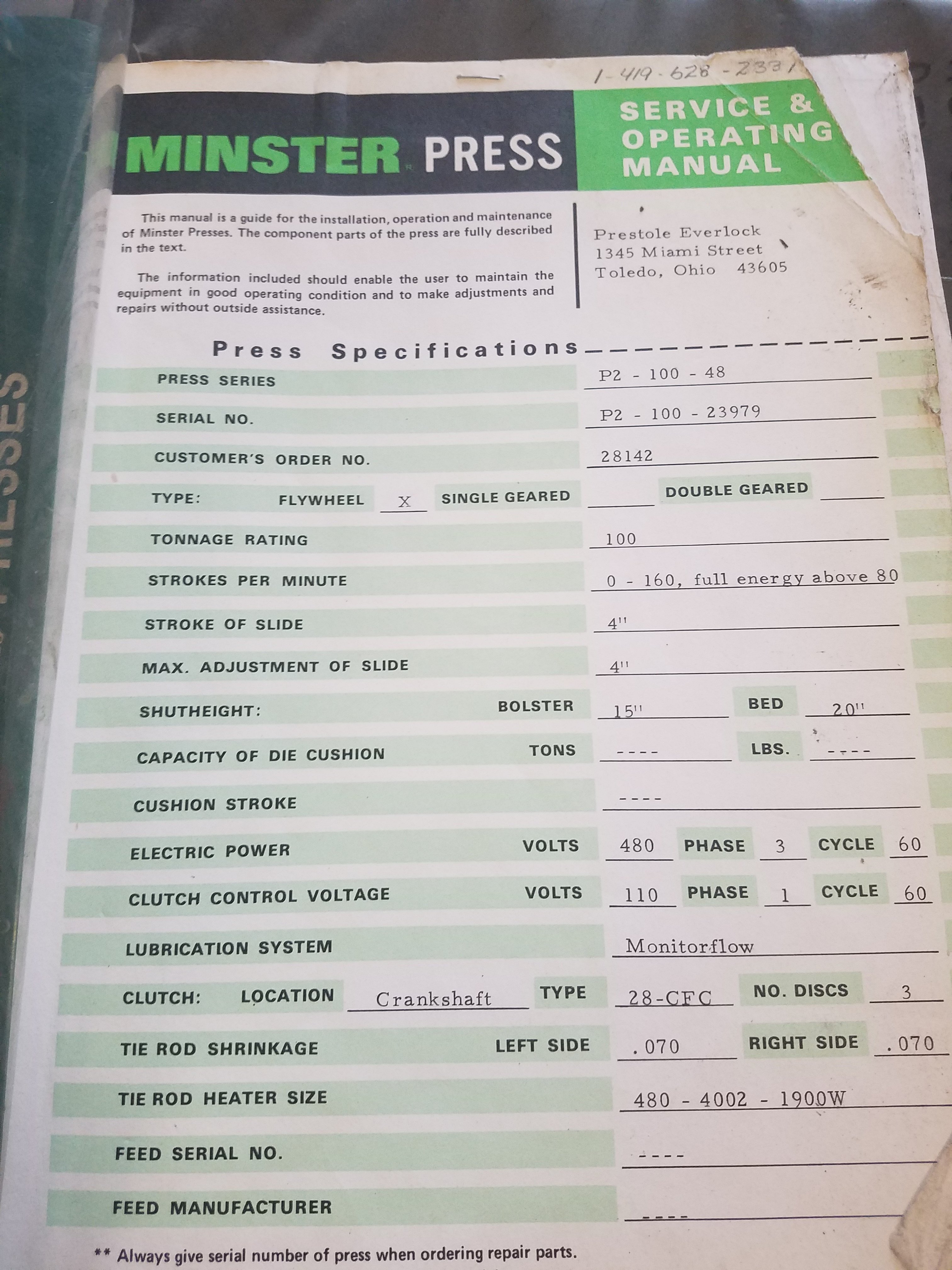 100 Ton Capacity Minster Press For Sale